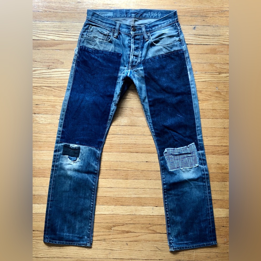 Gap selvedge distressed patchwork jeans